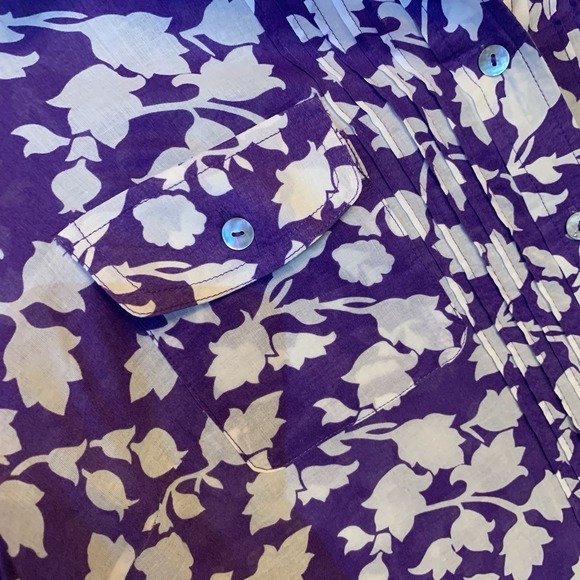 Chicos Blouse Tunic 100% Cotton US 12 Purple White‎ Tab Roll Sleeve Light Weight - Picture 5 of 8